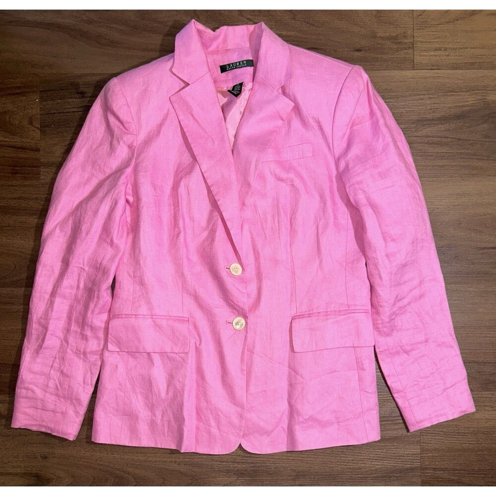 Lauren Ralph Lauren Pink Linen Blazer Jacket Womens Size [8] Barbie Preppy EUC